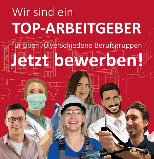 Plakat "Wir sind ein Top-Arbeitgeber für über 70 Berufsgruppen - Jetzt bewerben" mit Verlinkung zur Unterseite Stellenangebote